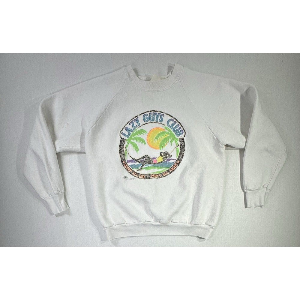 Vintage 80s Lazy Guys Club Sweatshirt M‎ White Pullover Sleep All Day